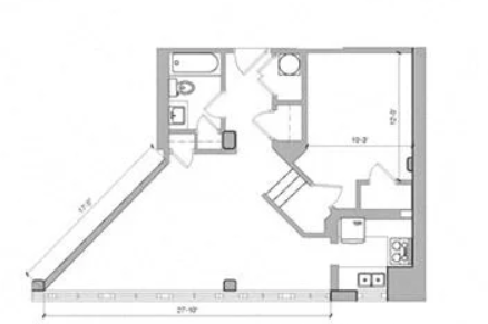 Floor plan for 1 bed, 1 bath, 650 sqft